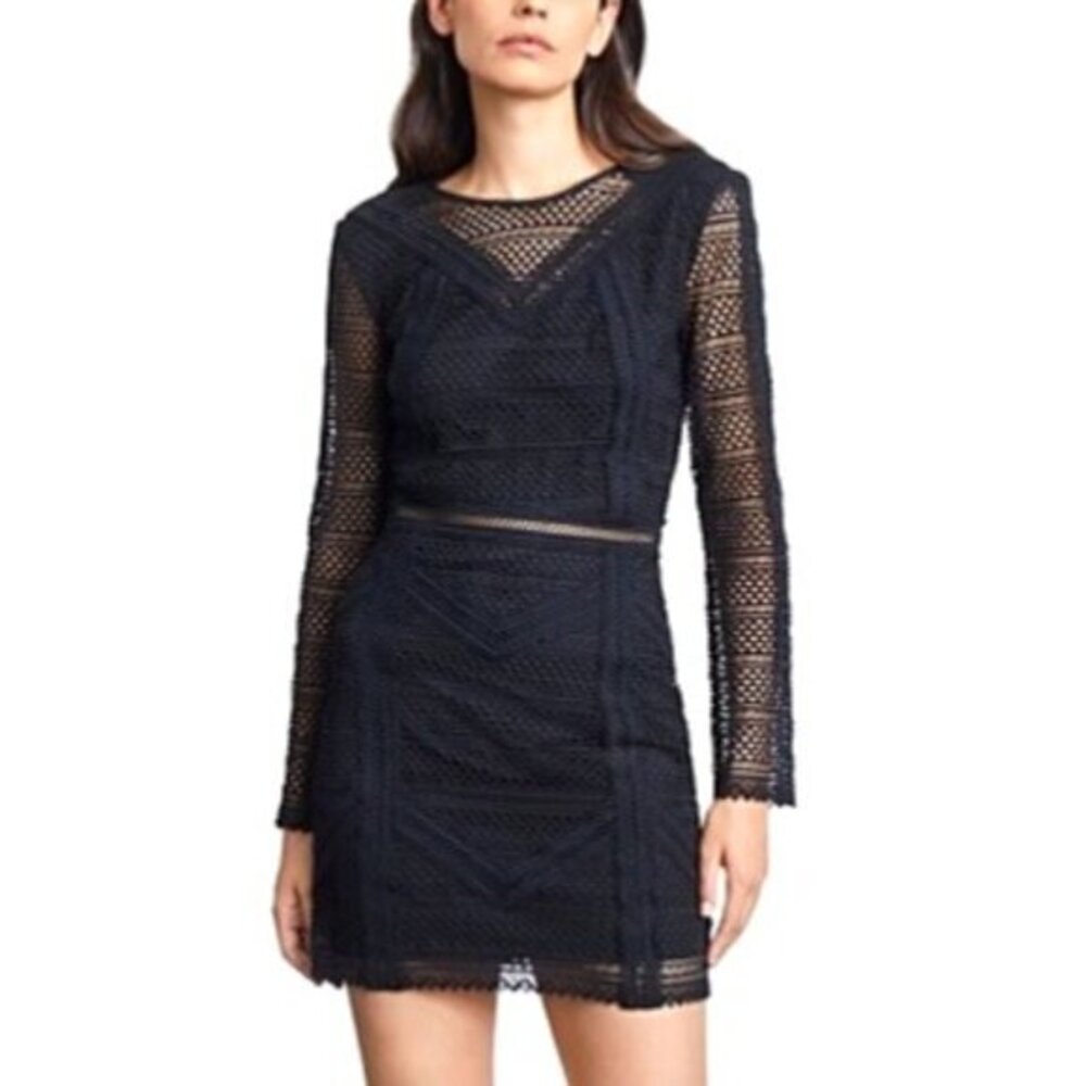 Kooples Black Geometric Guipure Long-Sleeve Mini Dress Size 2 US Med NWT $485